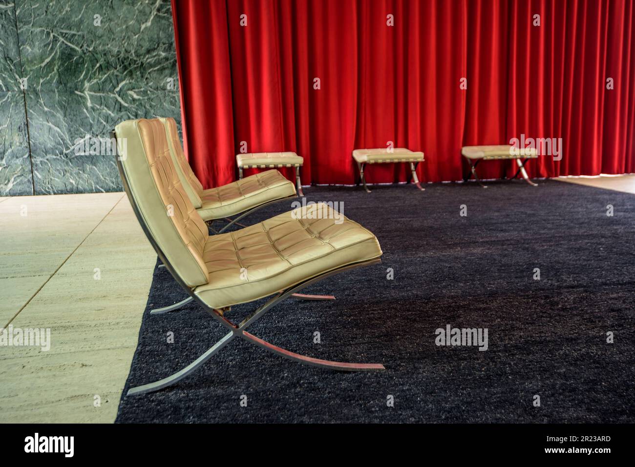 Barcelona chair (model MR90) made in 1929 by Lilly Reich and Ludwig Mies van der Rohe and exhibited in the German Pavilion (Barcelona Catalonia Spain) Stock Photo