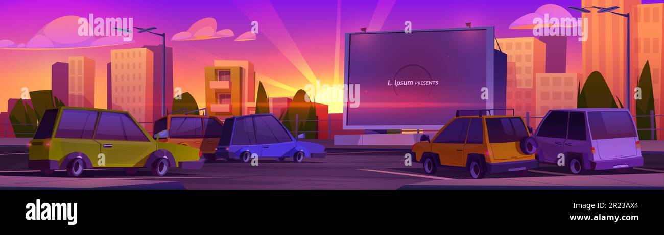 Drive-in cinema with car on sunset cartoon vector. Outdoor screen movie on auto parking under purple and orange sky with sun beam. Outside open air entertainment for watch performance in automobile Stock Vector