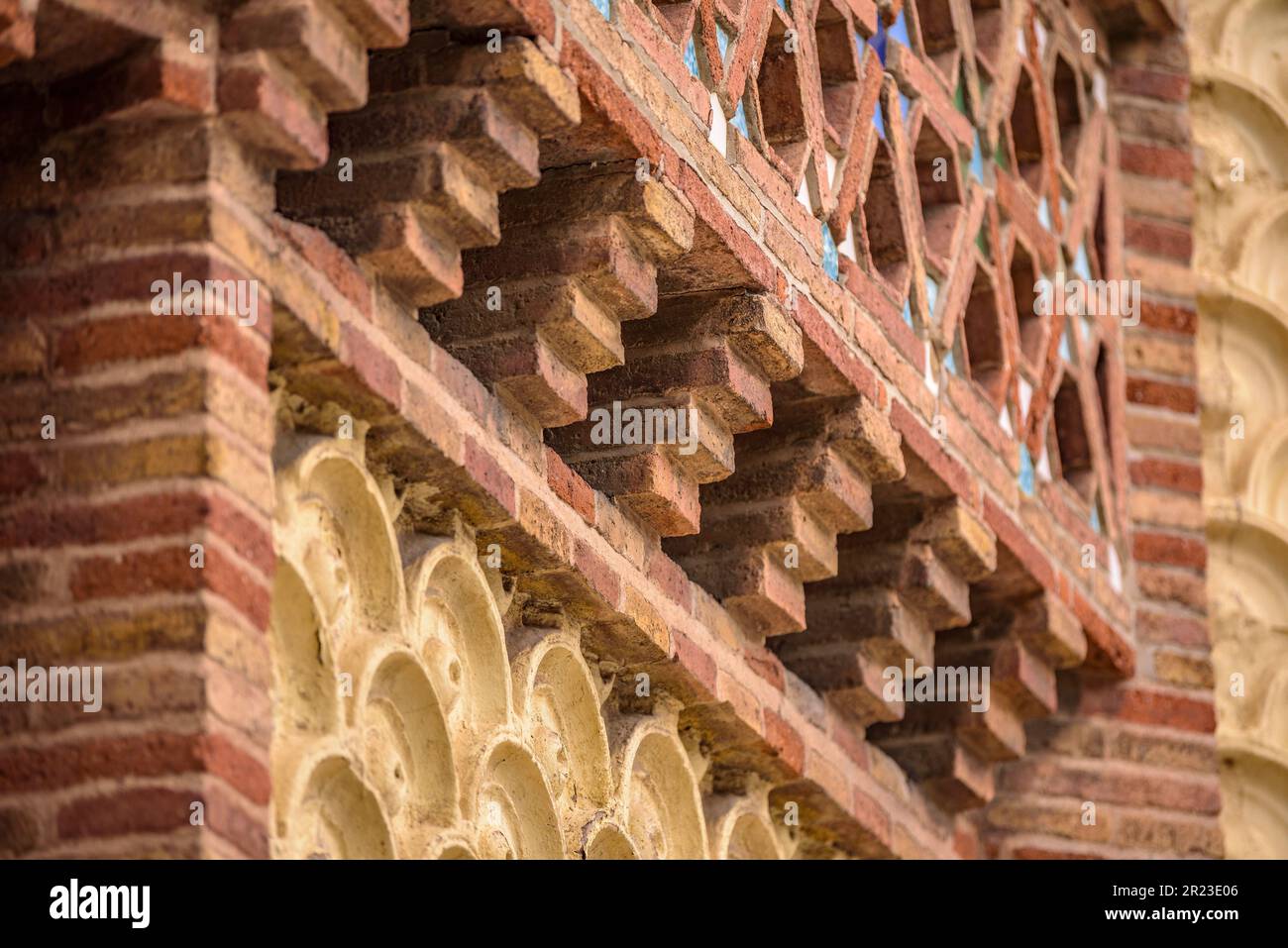 Ornamental details on the facade of the Güell Pavilions, designed by Antoni Gaudí (Barcelona, Catalonia, Spain) ESP: Detalles ornamentales Finca Güell Stock Photo