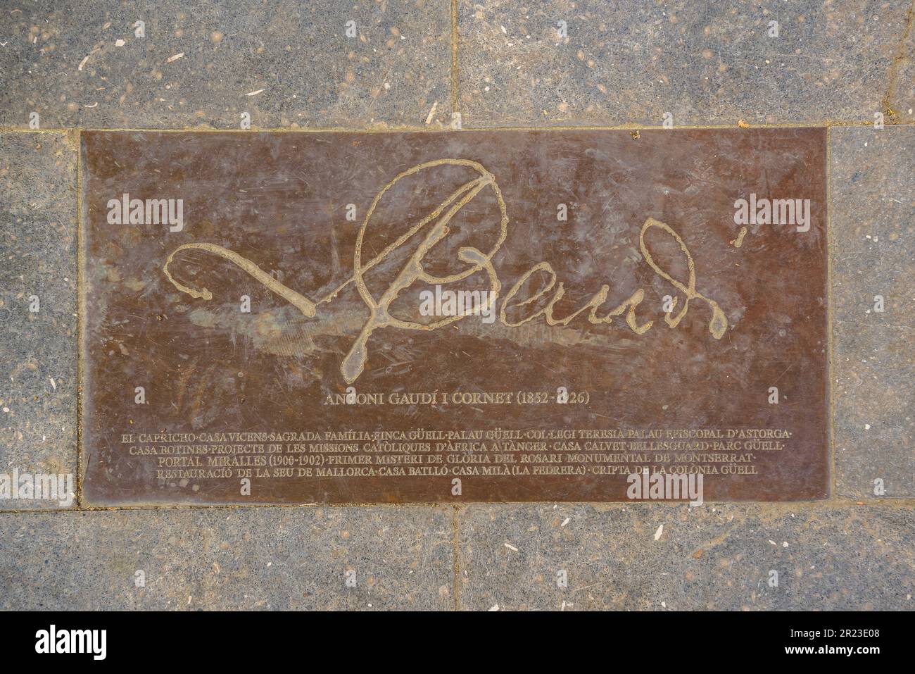 Plaque with the signature of Antoni Gaudí on the floor of the Miralles door, one of his lesser-known works in Barcelona (Catalonia, Spain) Stock Photo
