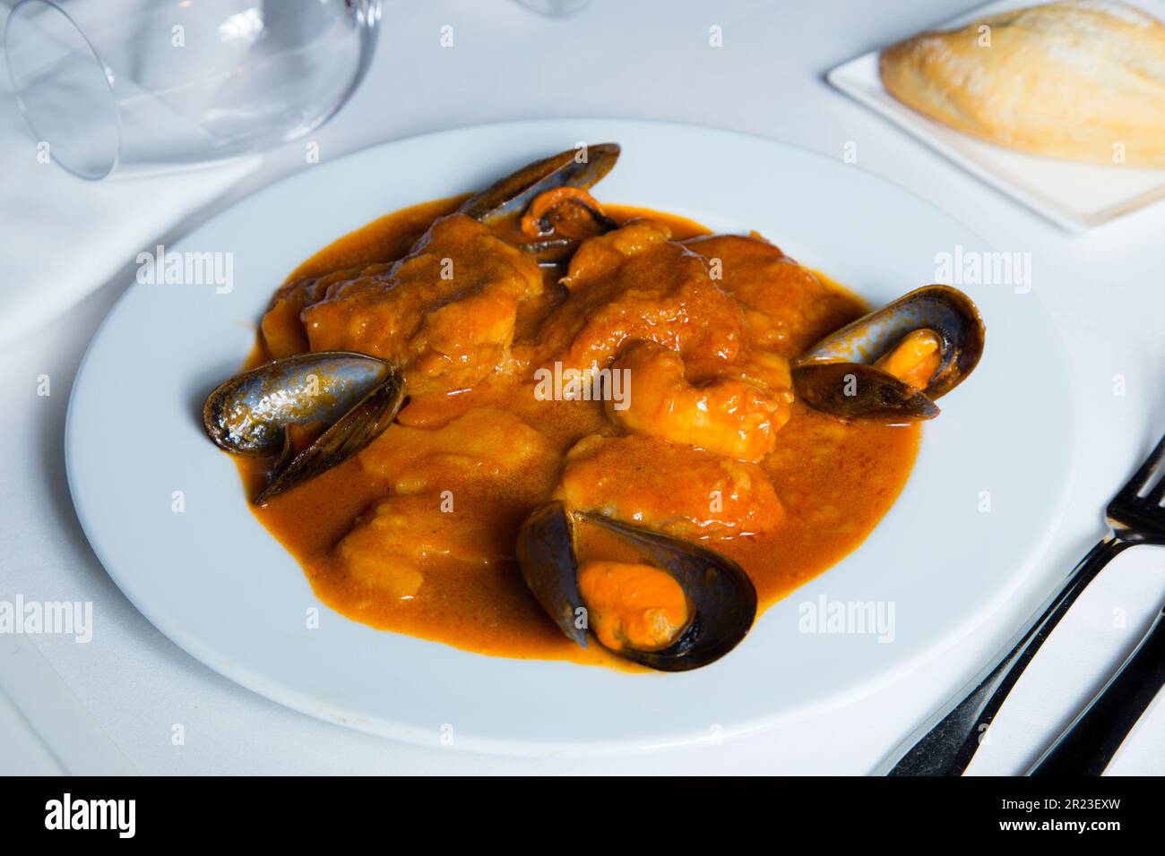 Shrimp tapa with tomato sauce and mussels in Spain Stock Photo Alamy