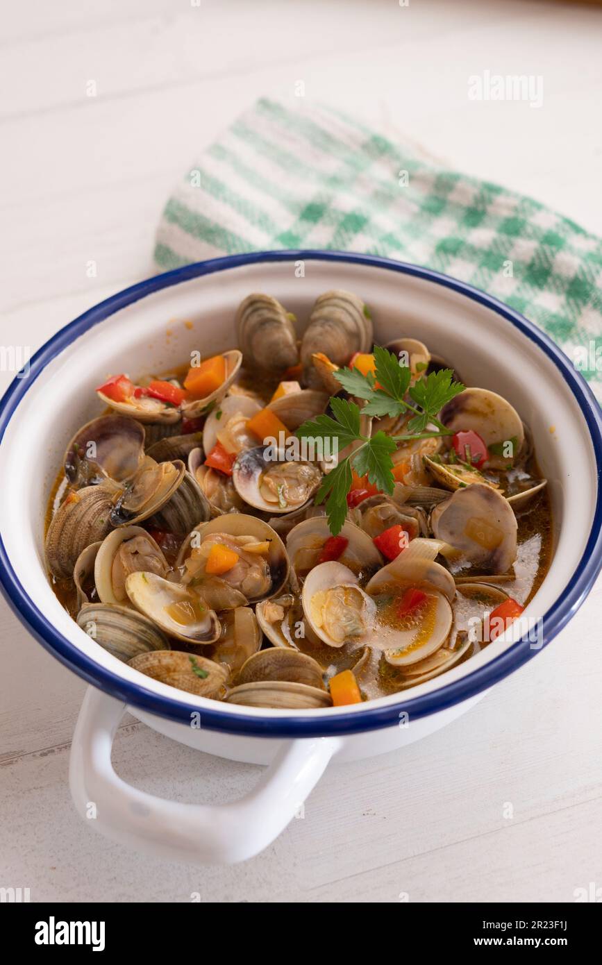 Spanish tapa of clams cooked in white wine. Traditional Spanish recipe