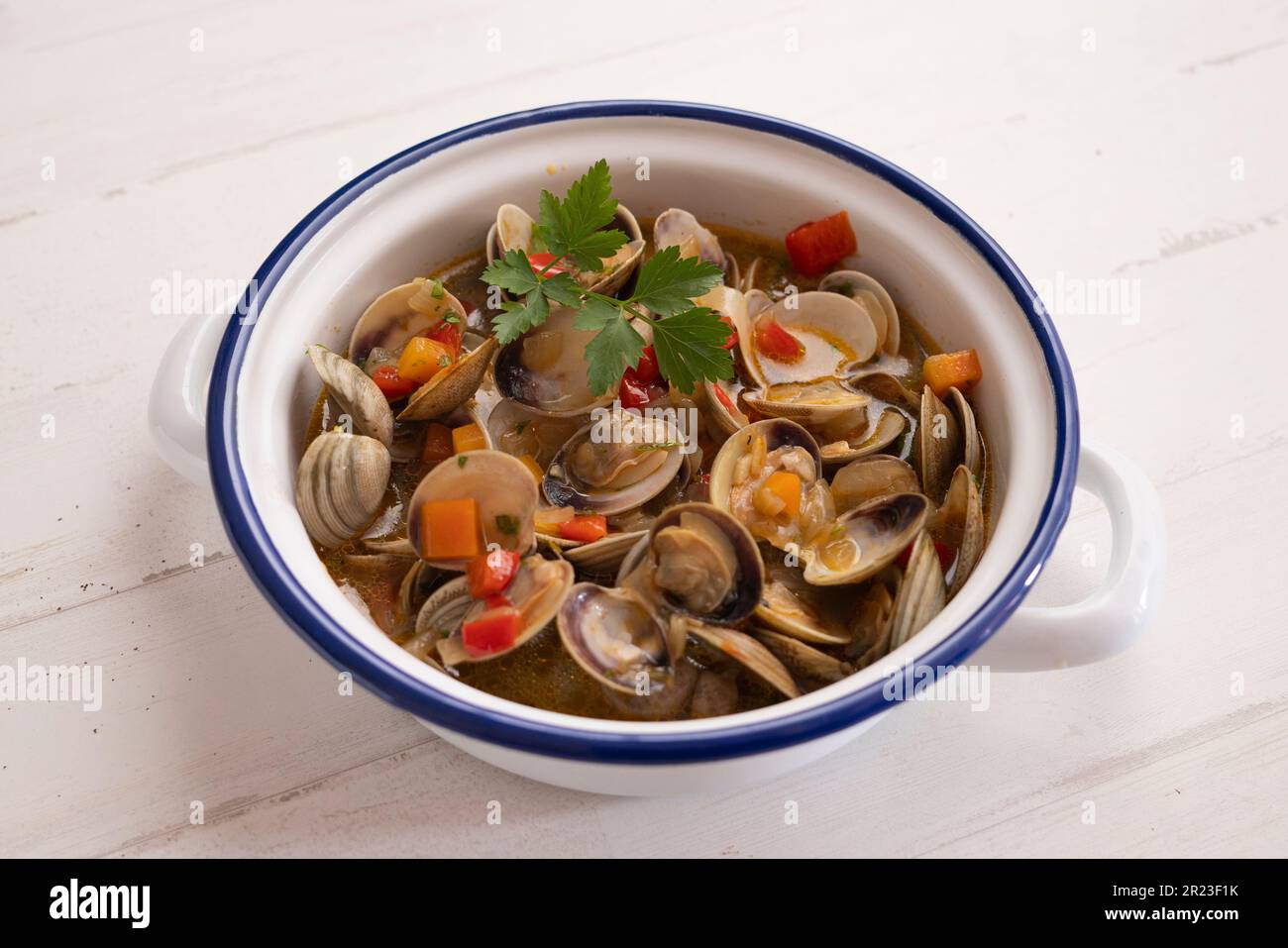 Spanish tapa of clams cooked in white wine. Traditional Spanish recipe