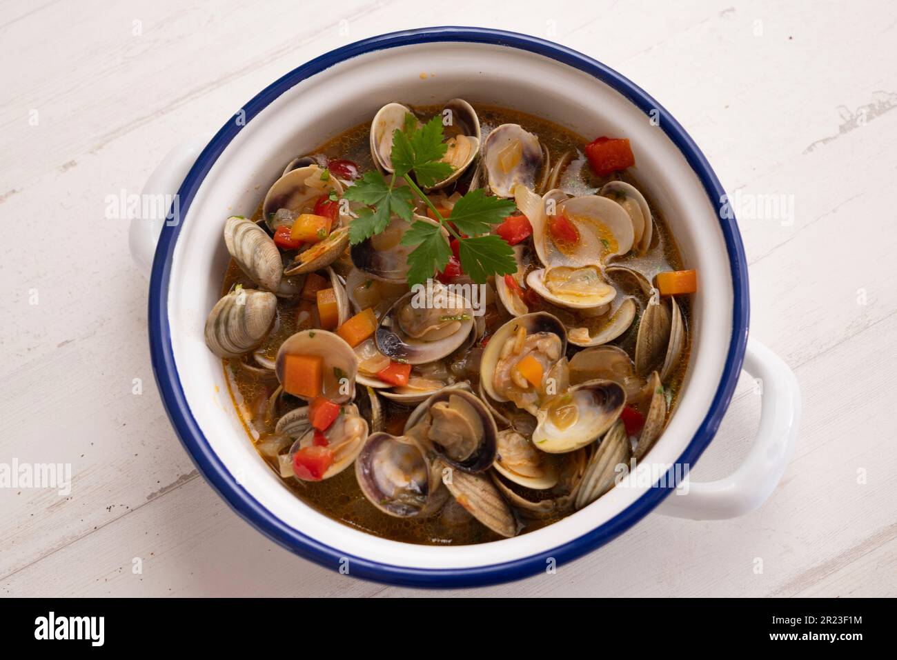 Spanish tapa of clams cooked in white wine. Traditional Spanish recipe