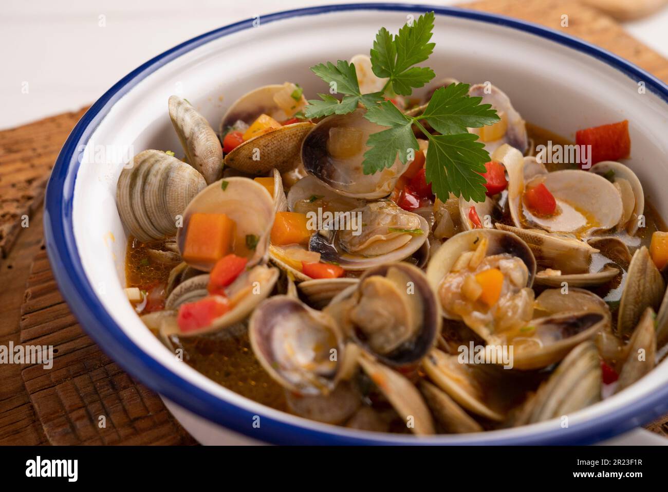 Spanish tapa of clams cooked in white wine. Traditional Spanish recipe