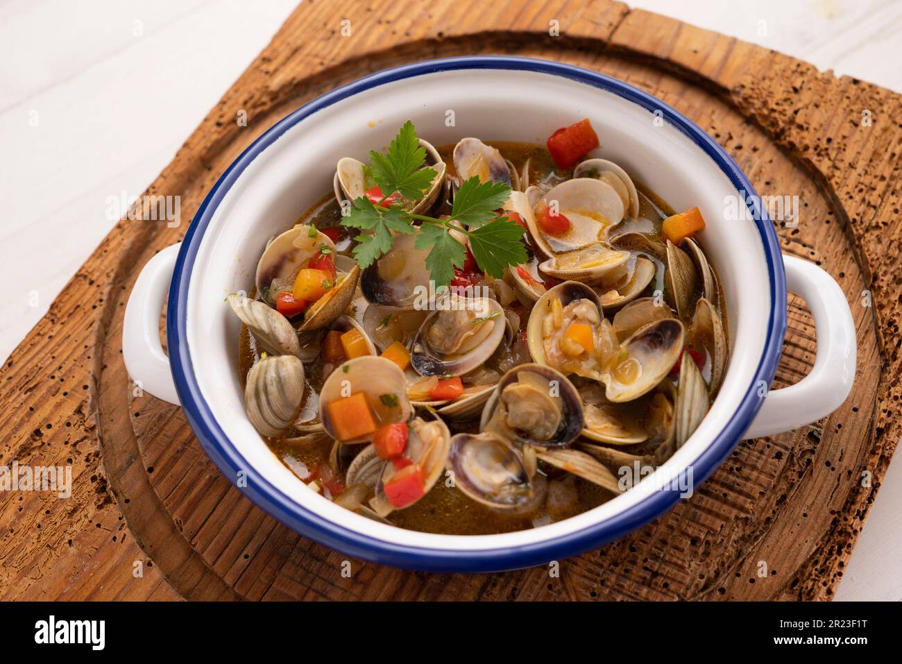 Spanish tapa of clams cooked in white wine. Traditional Spanish recipe