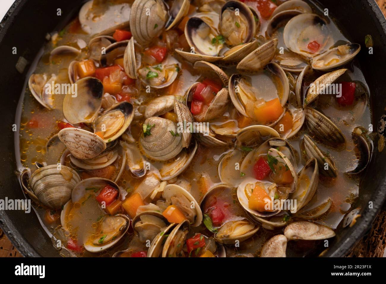 Spanish tapa of clams cooked in white wine. Traditional Spanish recipe