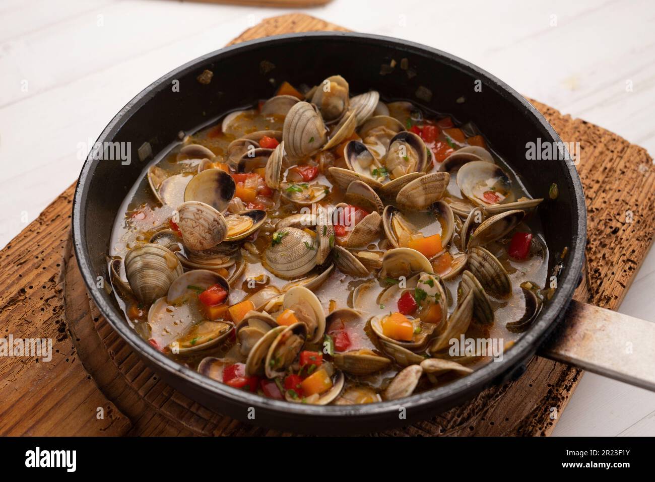 Spanish tapa of clams cooked in white wine. Traditional Spanish recipe