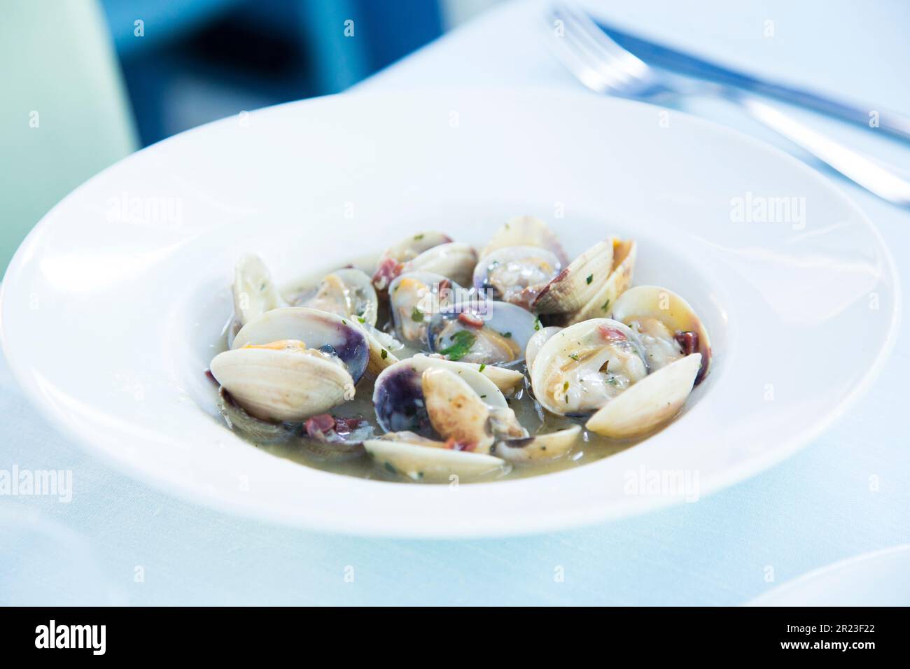 Spanish tapa of clams cooked in white wine. Traditional Spanish recipe