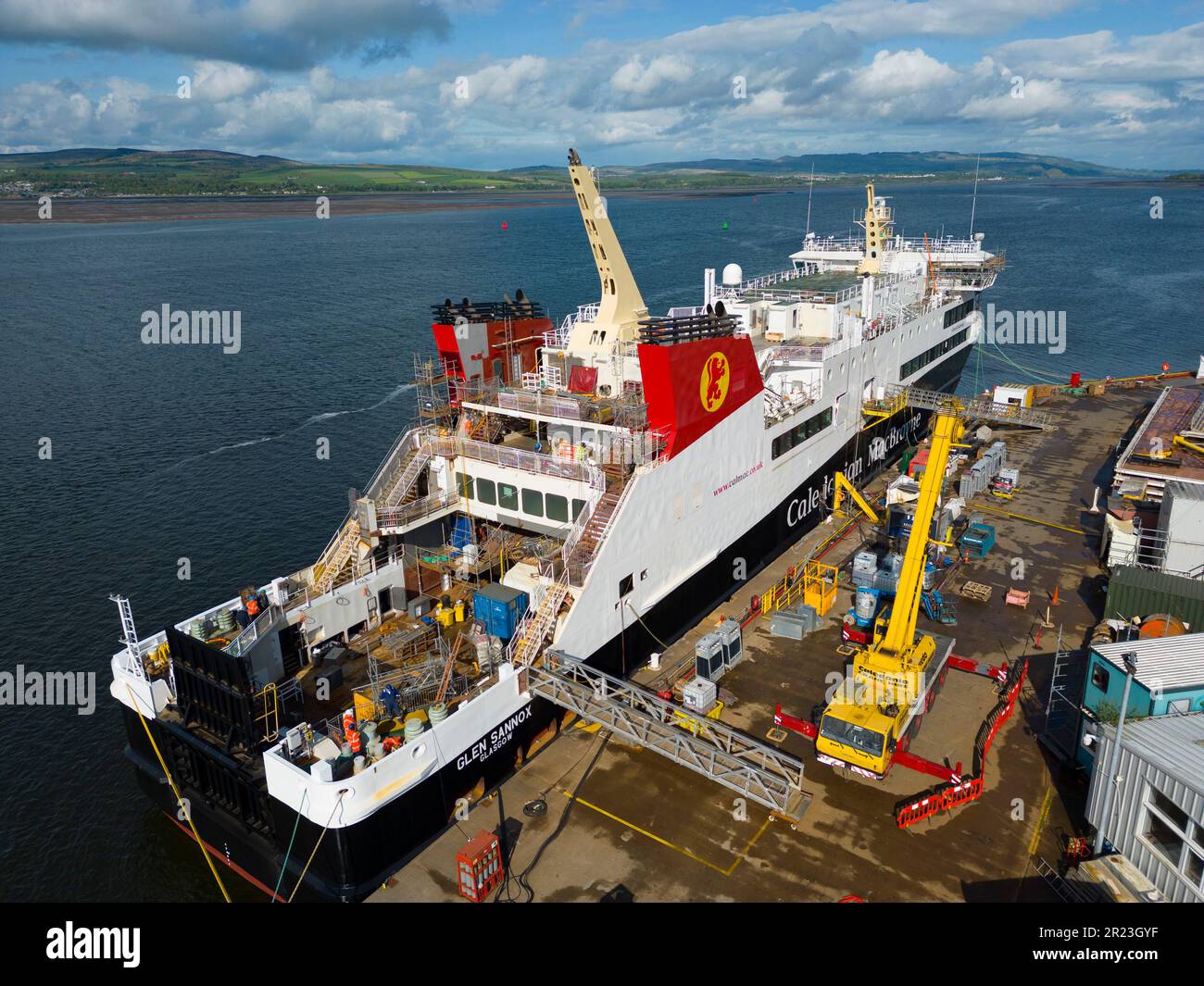 Port Glasgow, Scotland, UK. 16 May 2023. Latest aerial  images of Ferguson Marine shipyard in Port Glasgow with Glen Sannox and Hull 802. Stock Photo