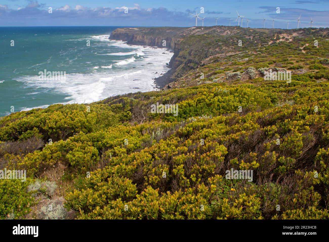 Cape Bridgewater coastline and wind turbines Stock Photo