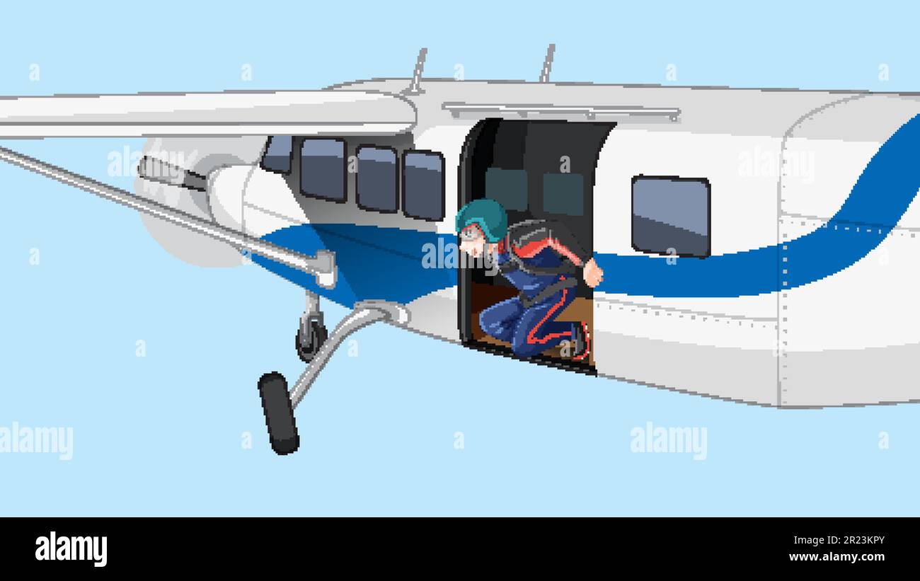 Skydiver on an Airplane and Preparing to Jump illustration Stock Vector