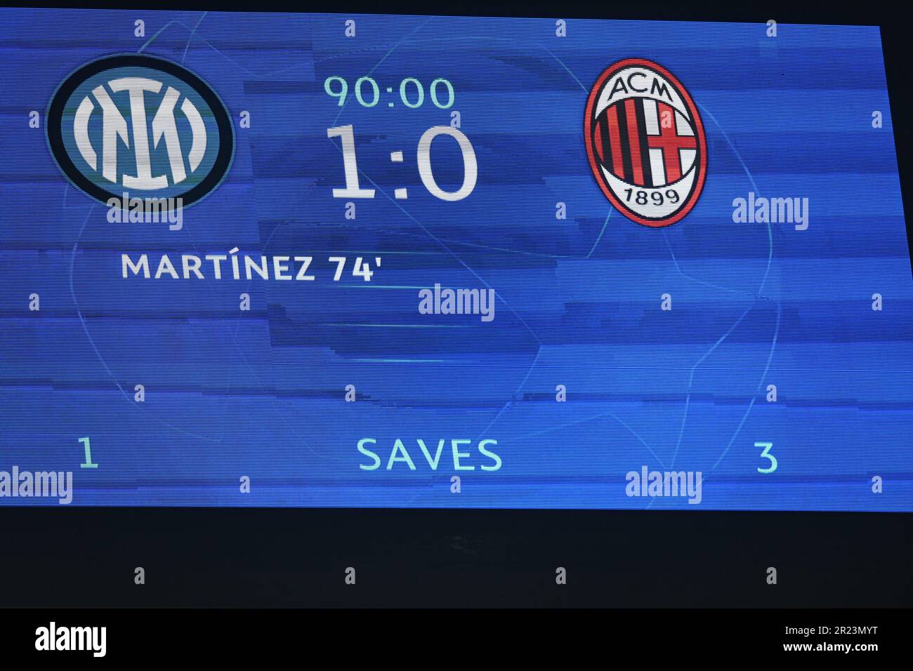 Scoreboard during the UEFA Champions League 2022 2023 match between Inter 1-0 Milan at Giuseppe Meazza Stadium on May 16, 2023 in Milano, Italy