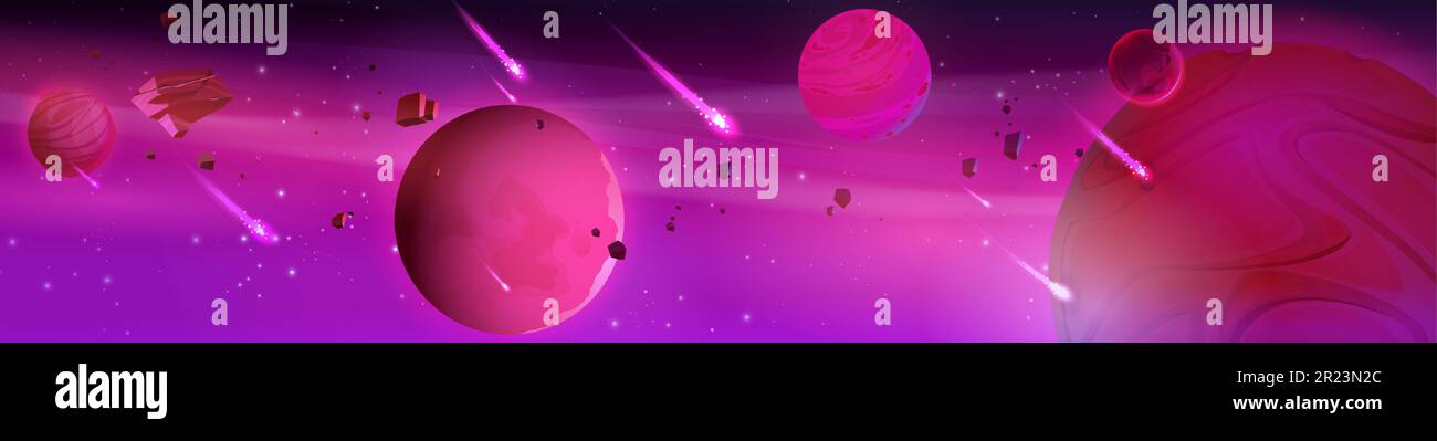 Space background with alien planets floating in sky, comets with neon ...