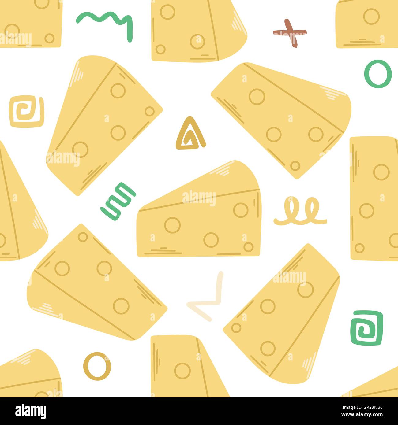 Simple cheese seamless pattern. Cheese triangles with holes background. Print cheese, scribbles, doodle elements. Flat design, vector illustration Stock Vector