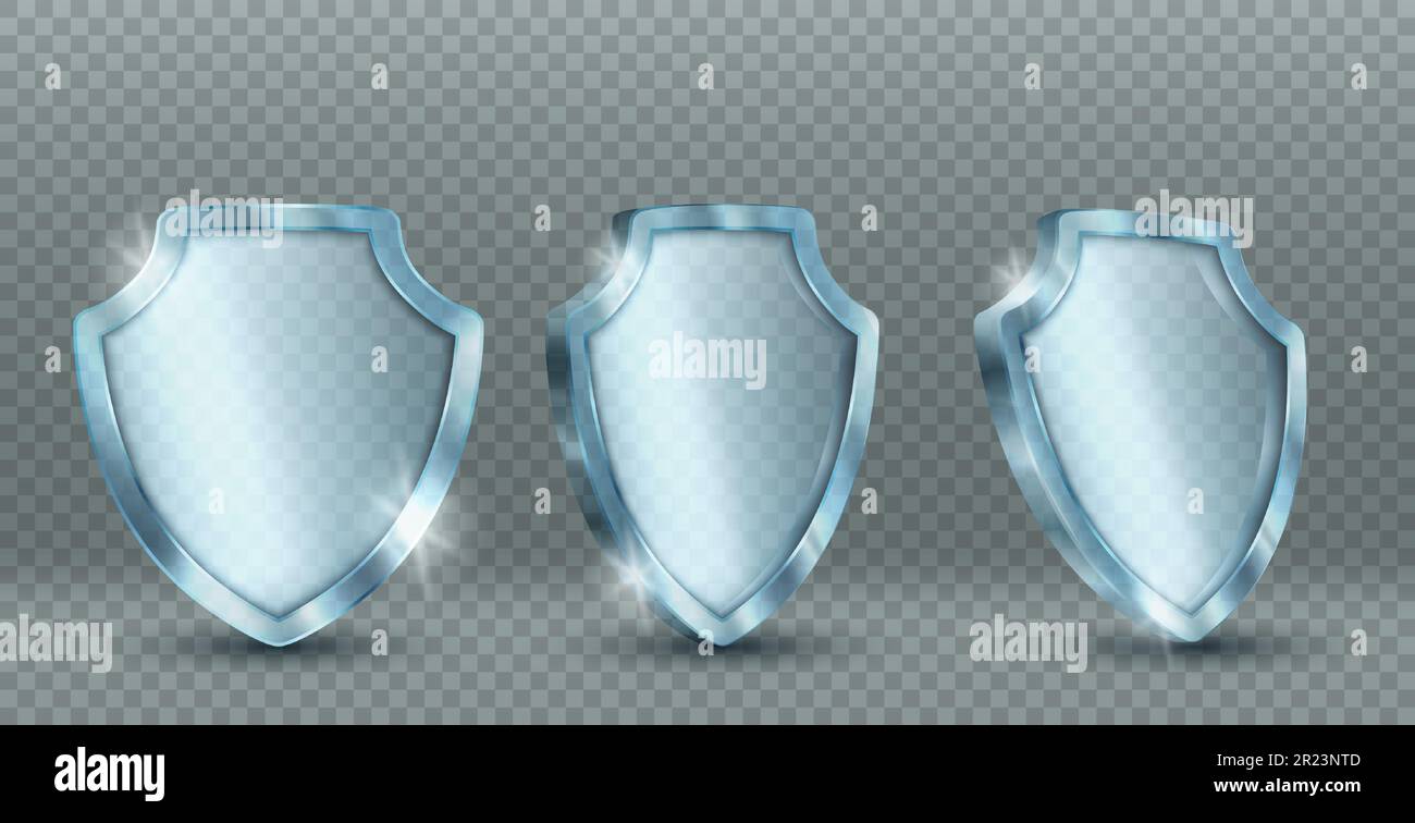 Transparent glass shield. Vector 3d icon of blue safety badge, clear plexiglass defense sign