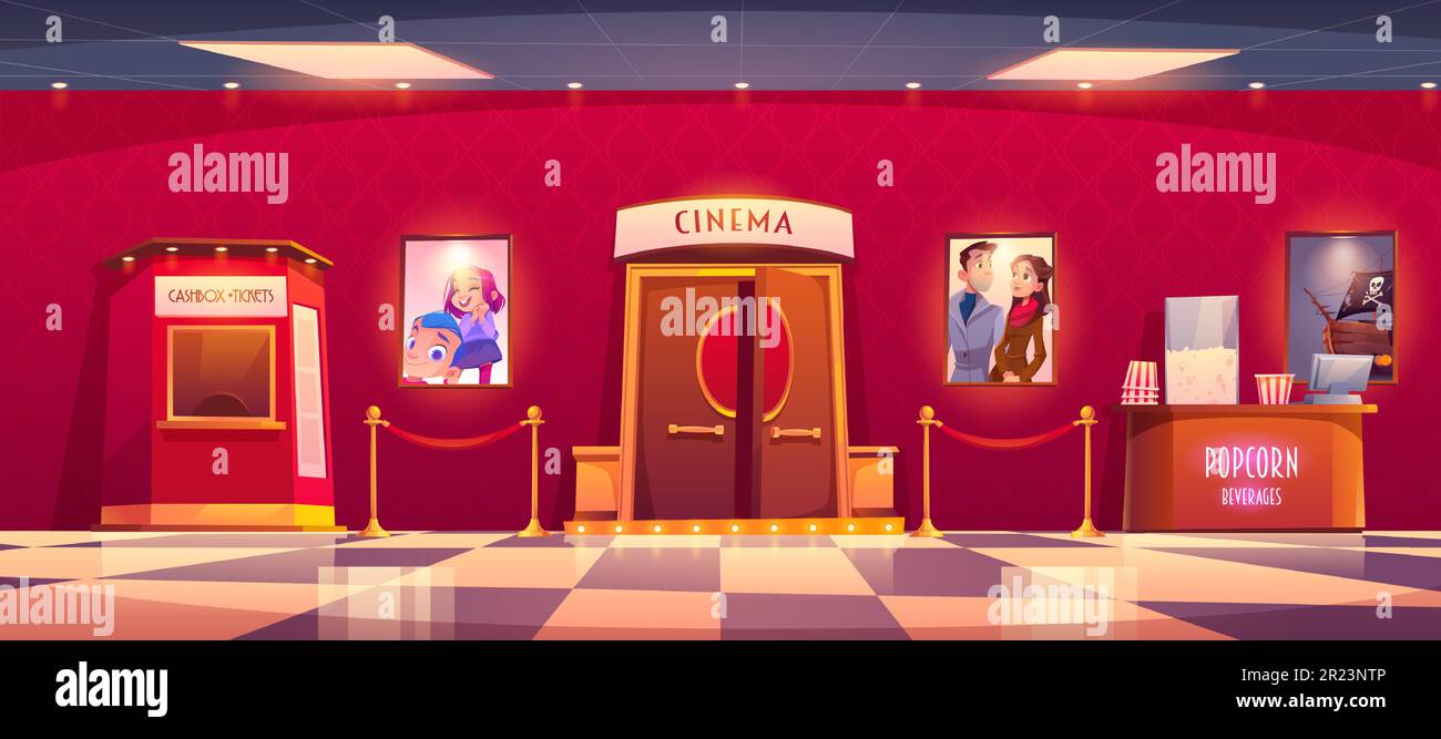 Cinema with cashbox and counter with popcorn. Vector cartoon illustration of luxury movie theater interior with tickets and snack shop, film posters and red rope fence Stock Vector
