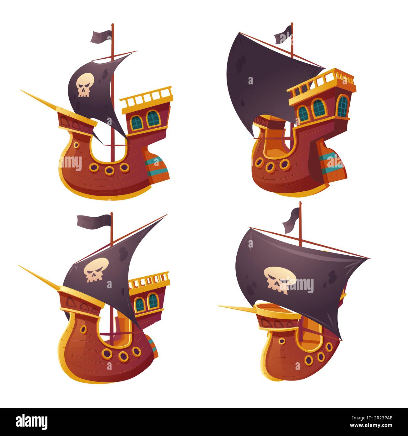 Pirate ship set isolated on white background. Wooden boat with black sails, cannon holes and sailyards. Corvette or frigate with buccaneer flag skull and bones. Old battleship, barge cartoon vector Stock Vector