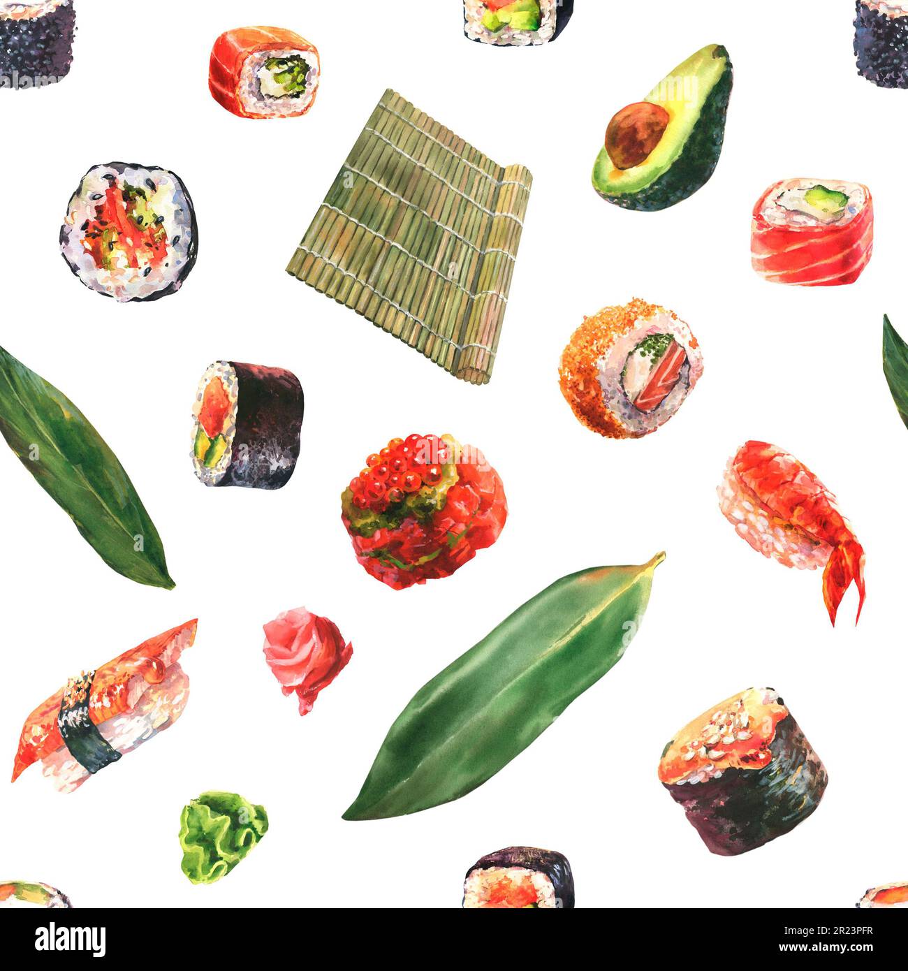 https://c8.alamy.com/comp/2R23PFR/seamless-watercolor-pattern-with-sushi-rolls-nigiri-gunkan-shrimp-tuna-wasabi-bamboo-sushi-mat-on-a-white-background-2R23PFR.jpg
