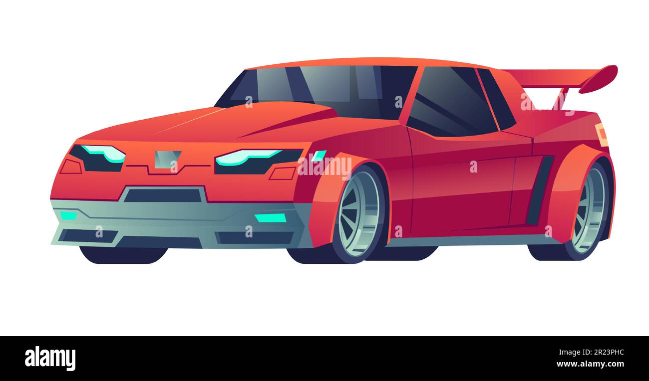 Sports car with spoiler red color isolated on white background. Detailed expensive racing auto unique aerodynamic design. Wheel drive coupe engine with toned windows tuning Cartoon vector illustration Stock Vector