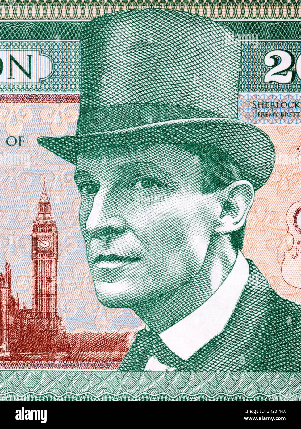 Sherlock Holmes a portrait from English money - pounds Stock Photo