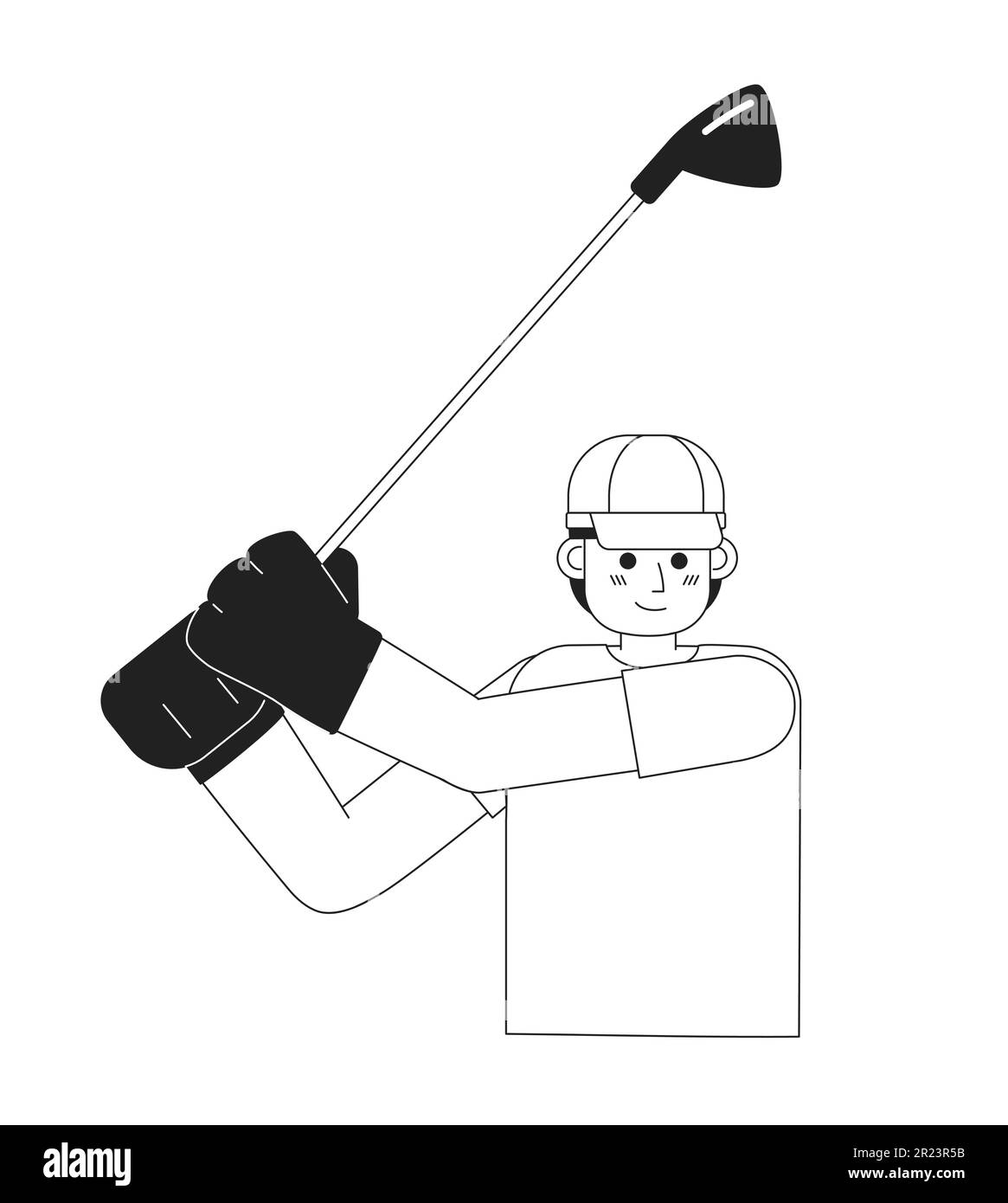 Young adult man golfer swinging with stick monochromatic flat vector character Stock Vector