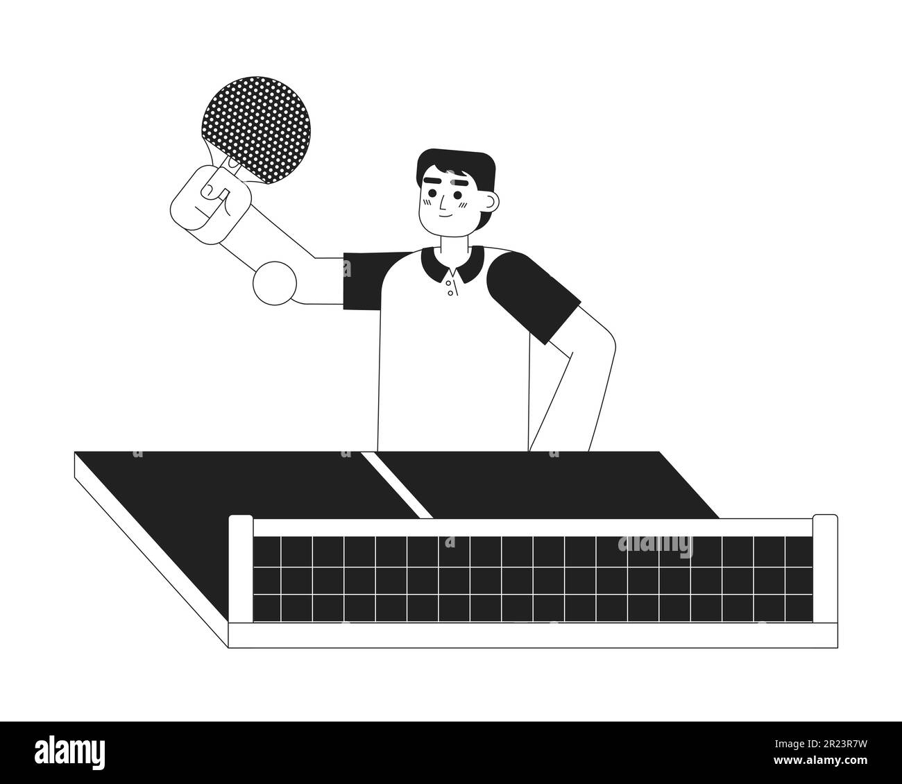 Asian man with paddle playing pingpong match monochromatic flat vector