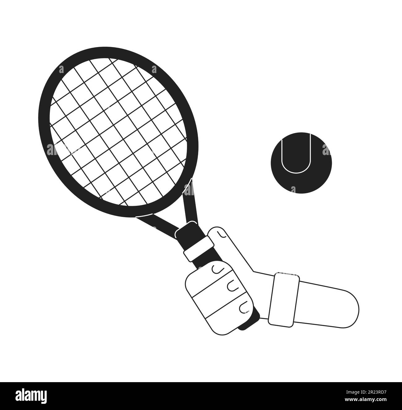 Hand with racket hitting tennis ball monochromatic flat vector first