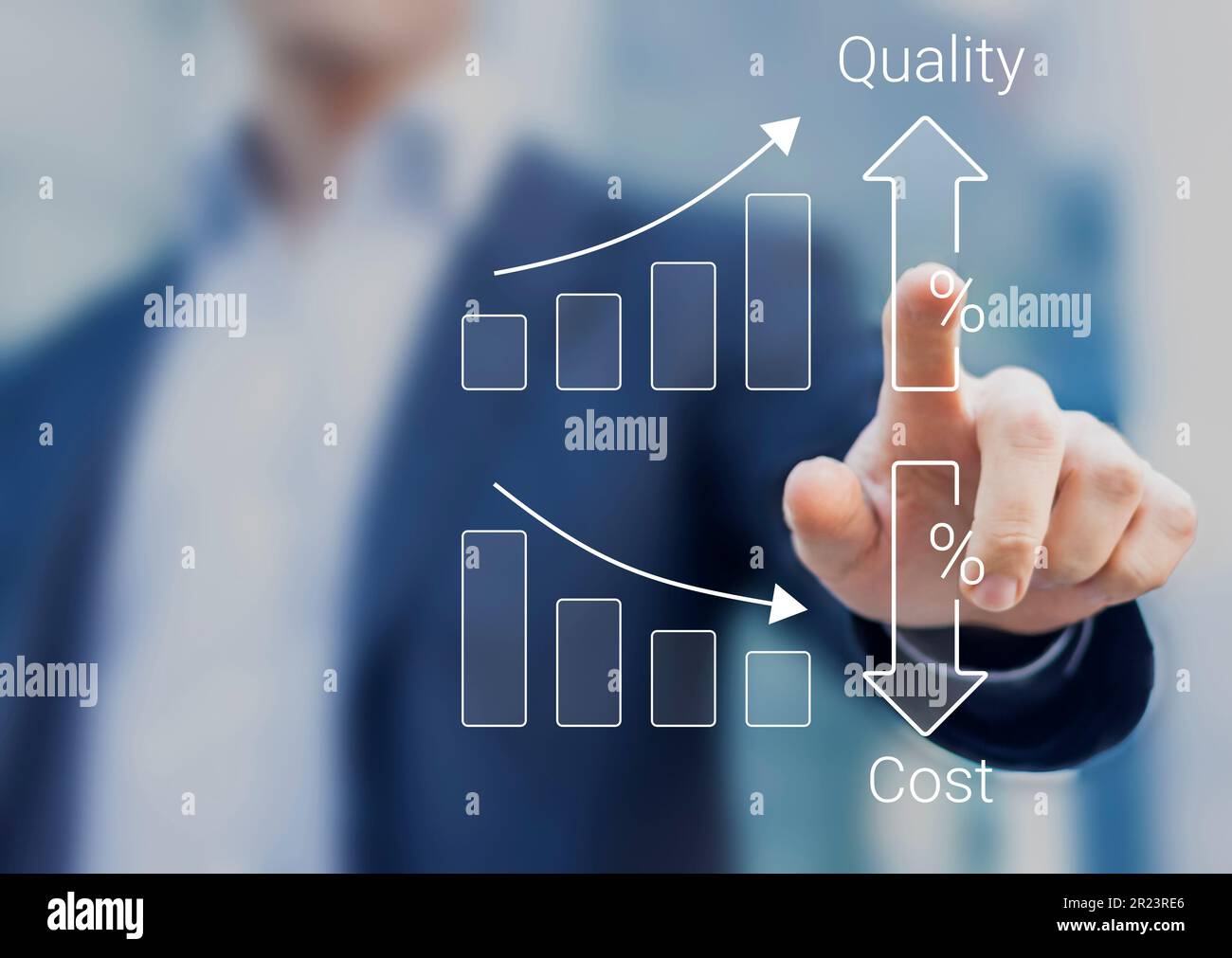 Quality and cost optimization for products or services to improve customer satisfaction and enhance company performance. Person touching concept. Succ Stock Photo