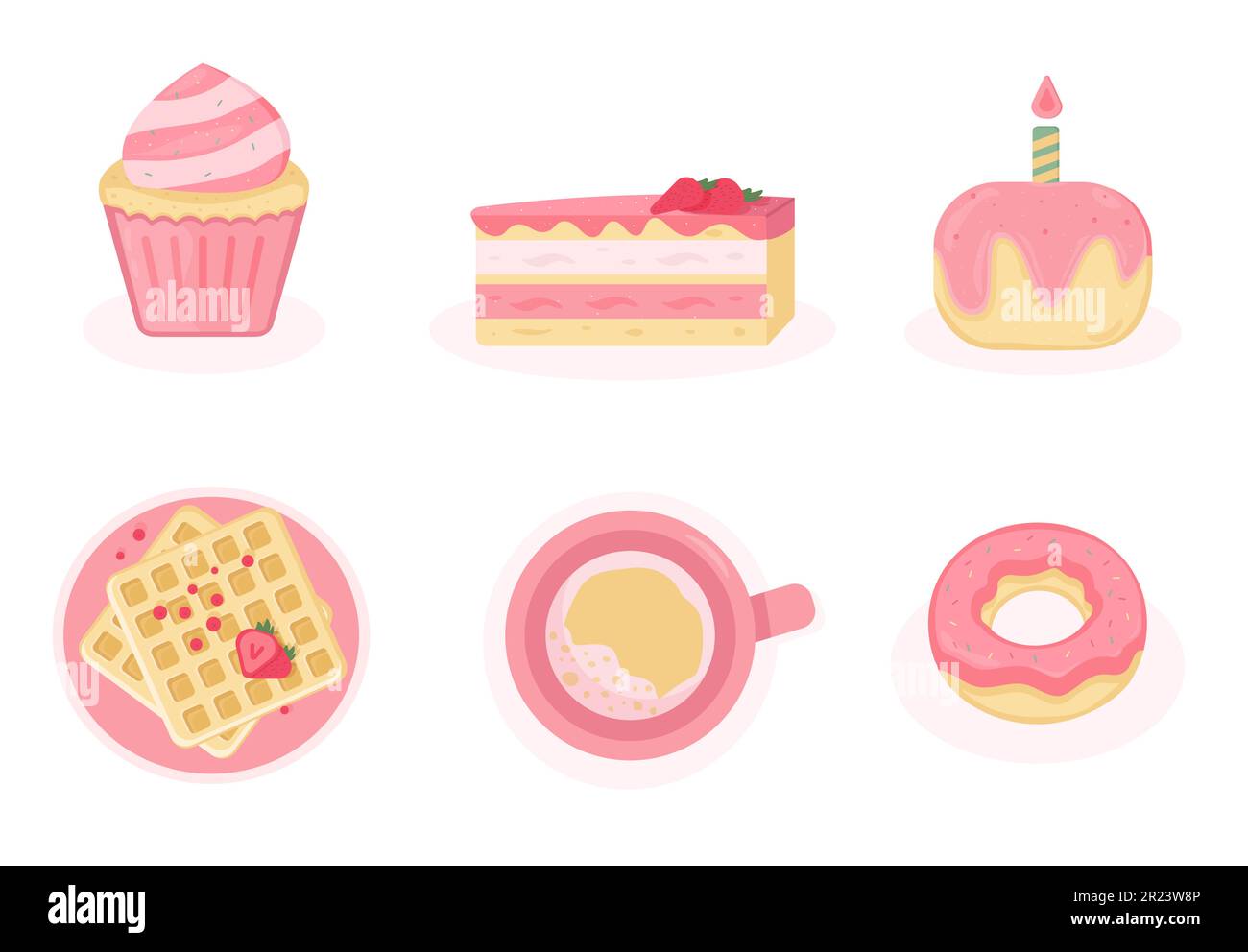 Sweet pink desserts, flat design style vector illustration cake, muffin, coffee, waffles Stock Vector