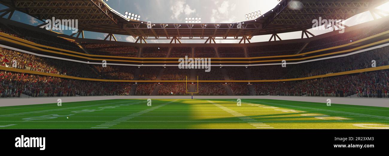 American football arena with yellow goal post, grass field and