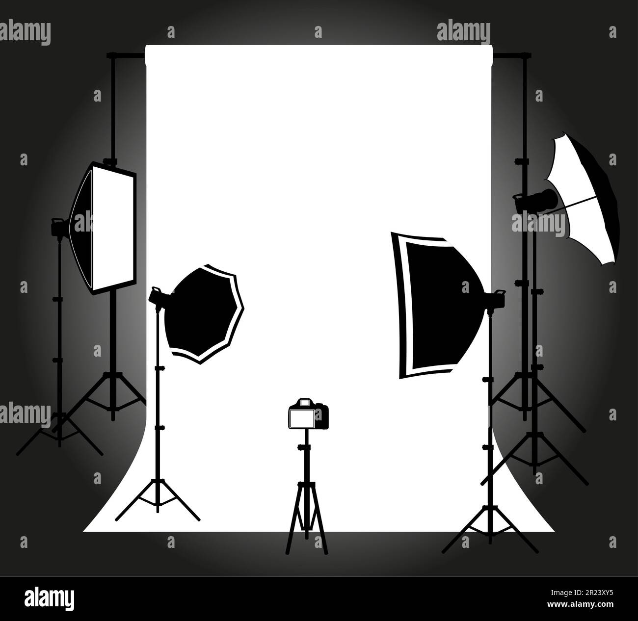 backdrop in photo studio with flashes and softboxes on tripods indoors