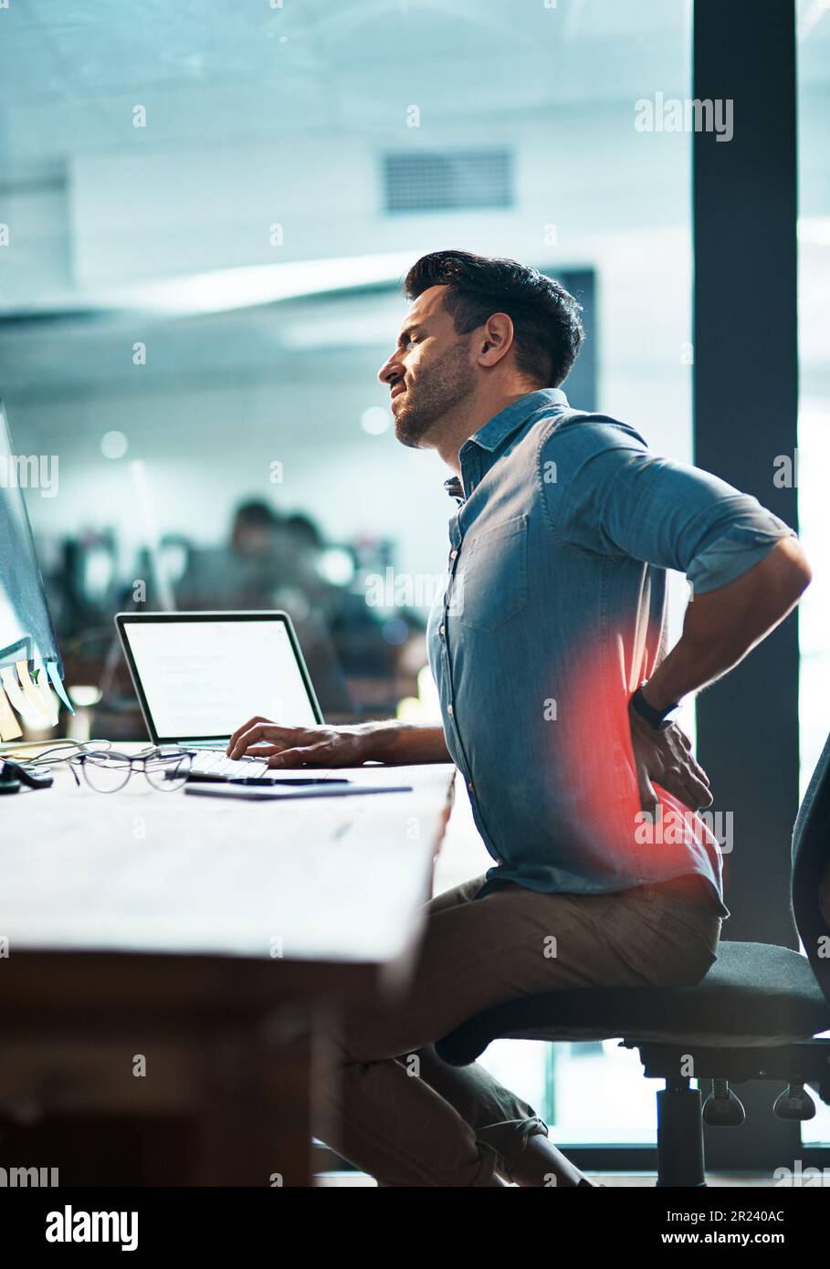 Red back pain, stress and business man with muscle injury, health risk