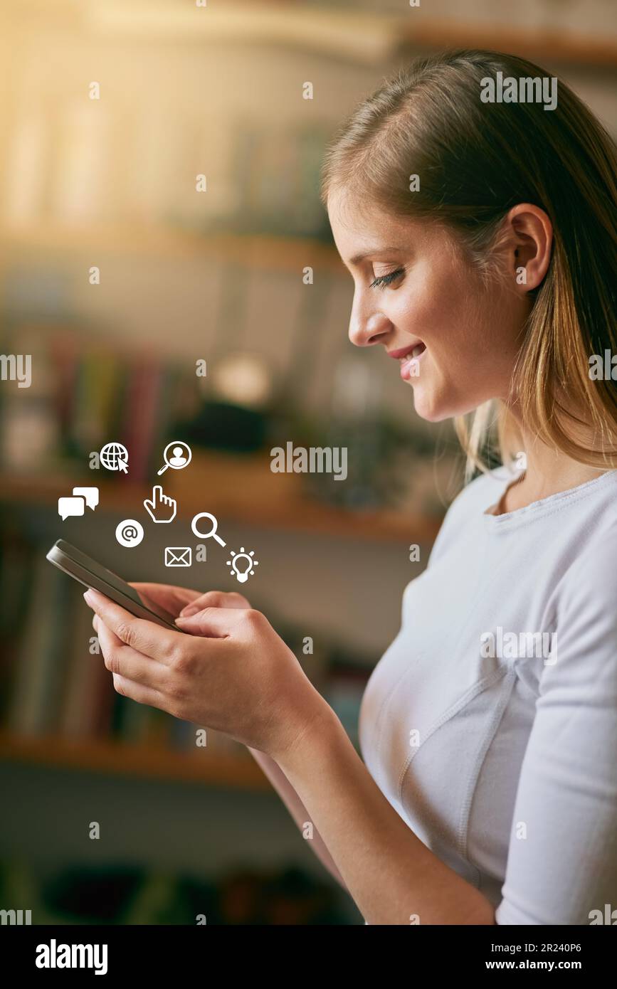 Icon, smile and woman with a smartphone, typing and connection for ...