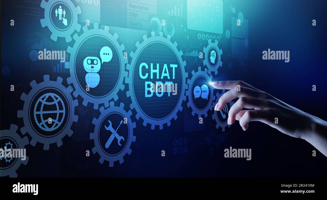 Chatbot computer program designed for conversation with human users over the Internet. Support and customer service automation technology concept. Stock Photo