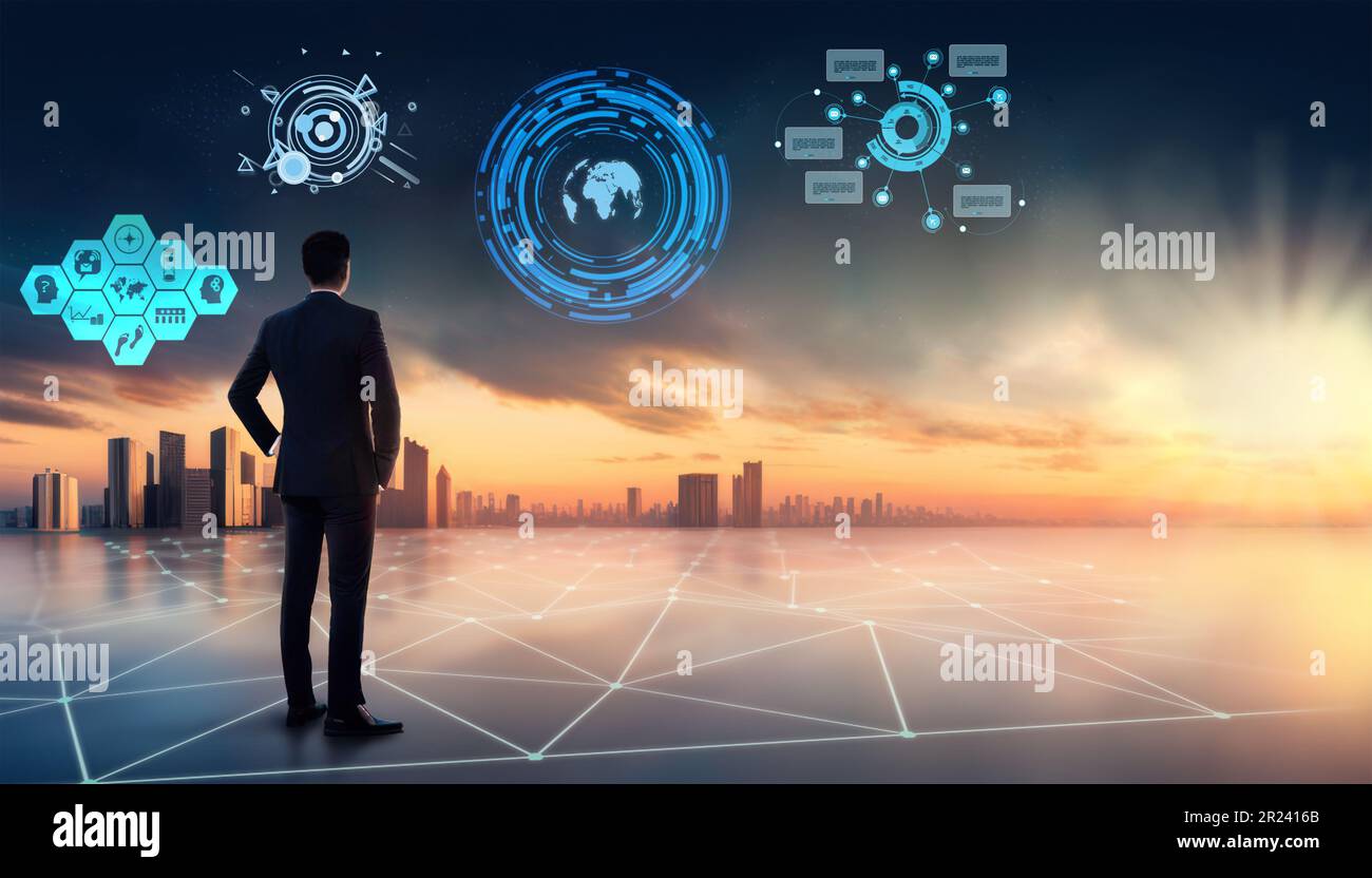 3d illustration of Businessman looking at holographic information displayed over the skyline - smart city concept Stock Photo