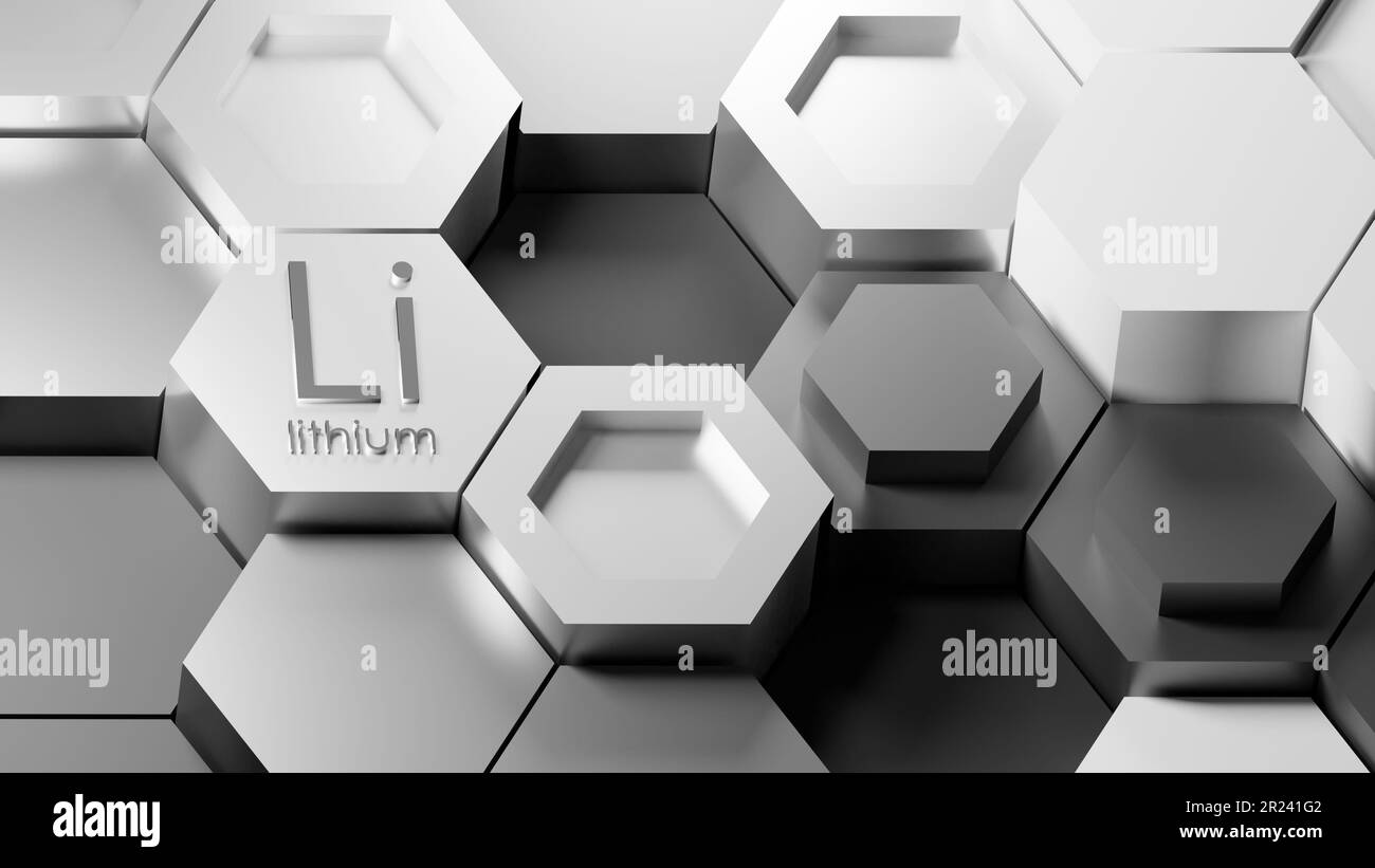 3D rendering of hexagonal crystal lattice of Lithium metal. Industrial metallic
