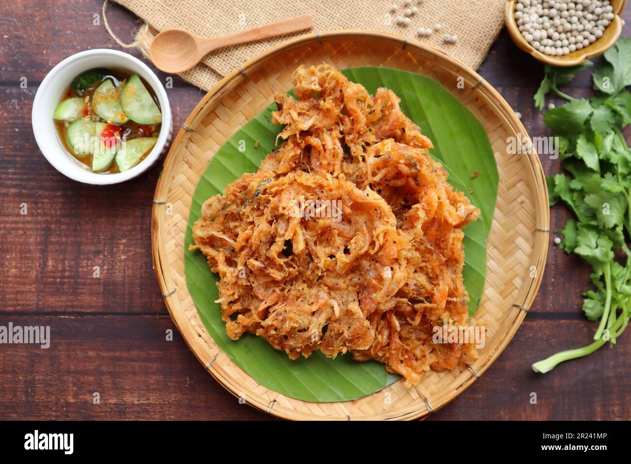 Shrimp fritters, deep fried small shrimp served cucumber dipping sauce