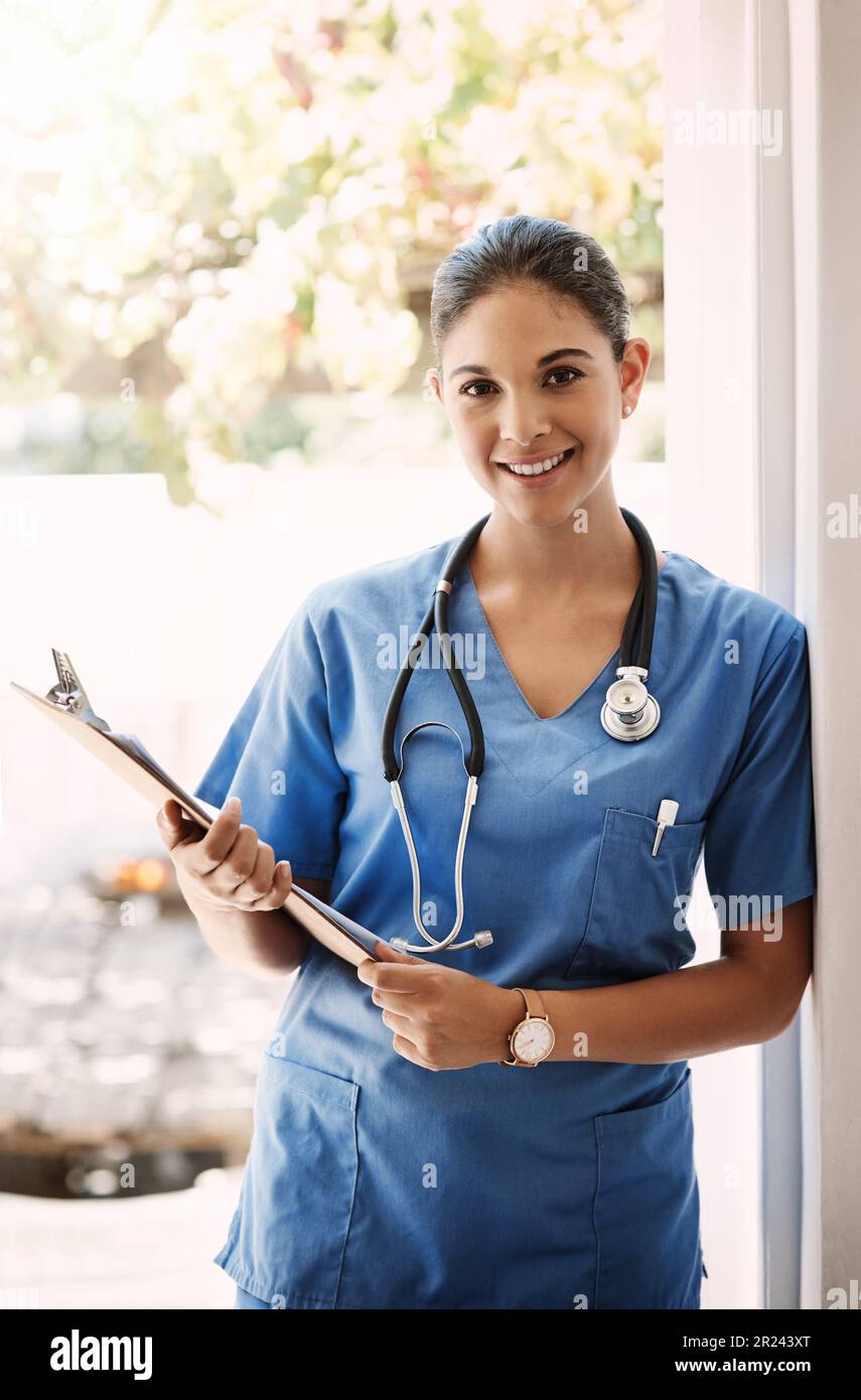 Happy Woman, Nurse Portrait And Clipboard For Medical Service, Hospital 