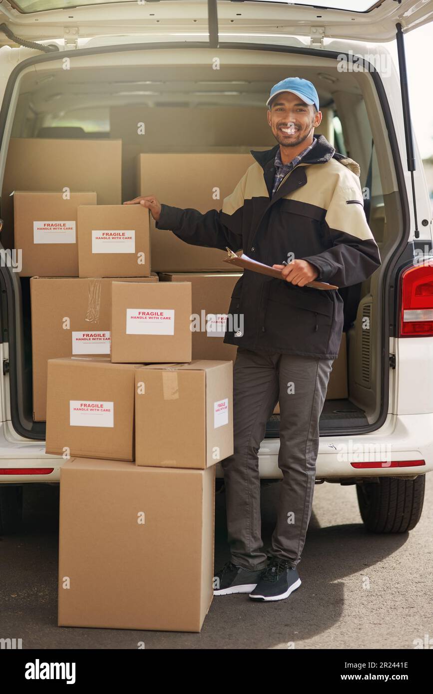 Box, delivery and portrait with man by van for courier, logistics and