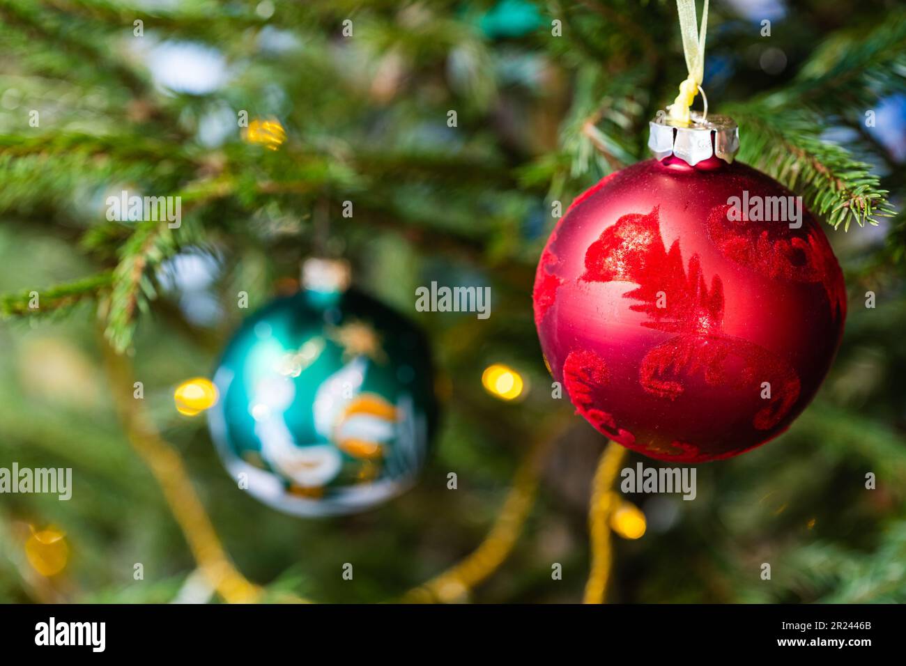 ornamental glass balls on natural christmas tree close up indoor Stock Photo