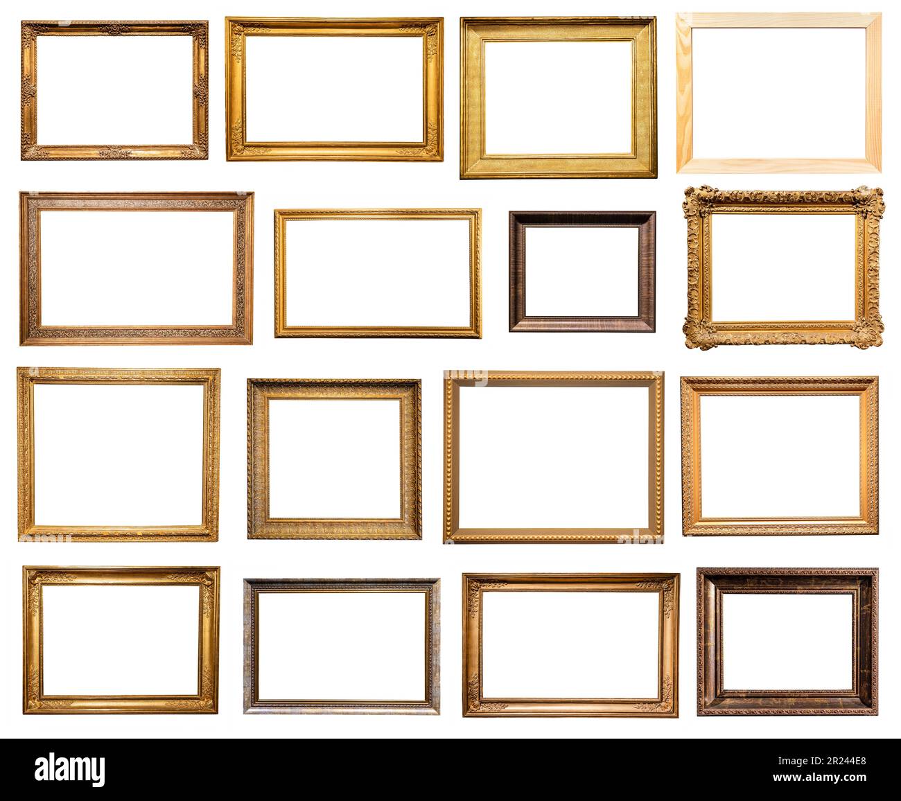 set of horizontal old wooden picture frames isolated on white ...