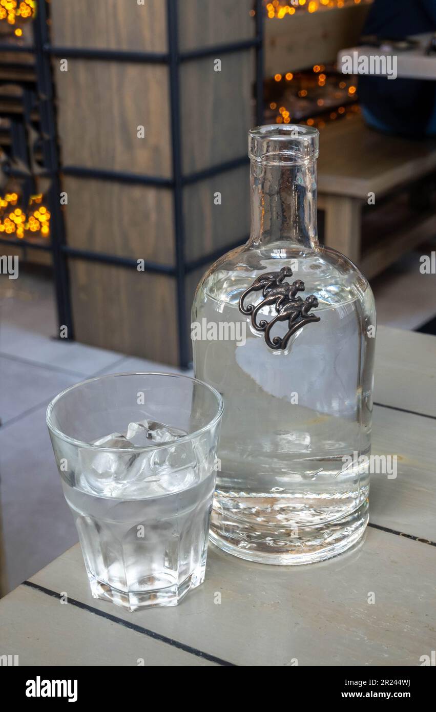 Water glass with ice and bottle with three monkeys basrelief at Mowgli Indian restaurant in