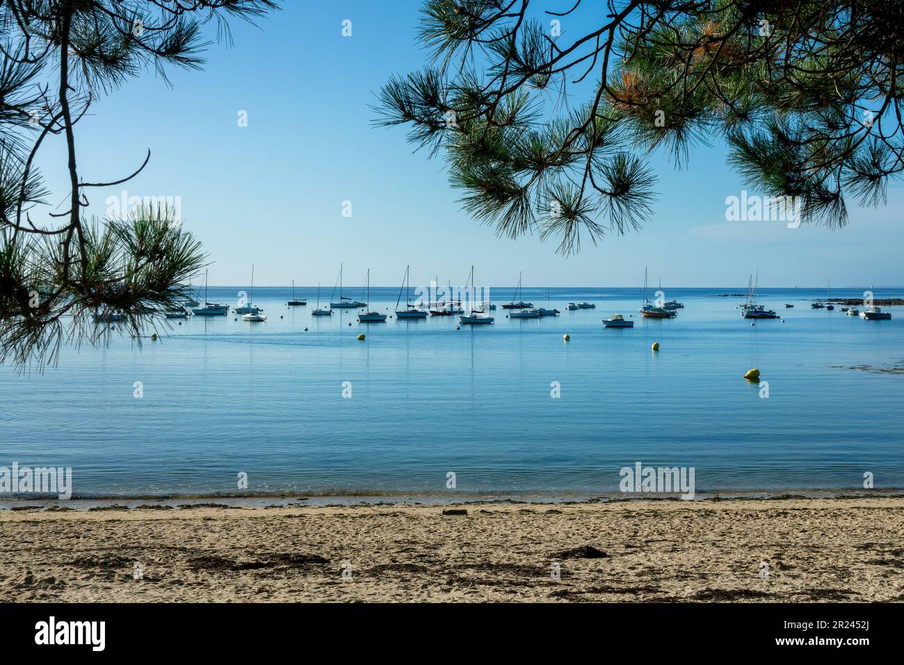 Boats anchored at Kernevest beach in Morbihan, Brittany, France Stock Photo
