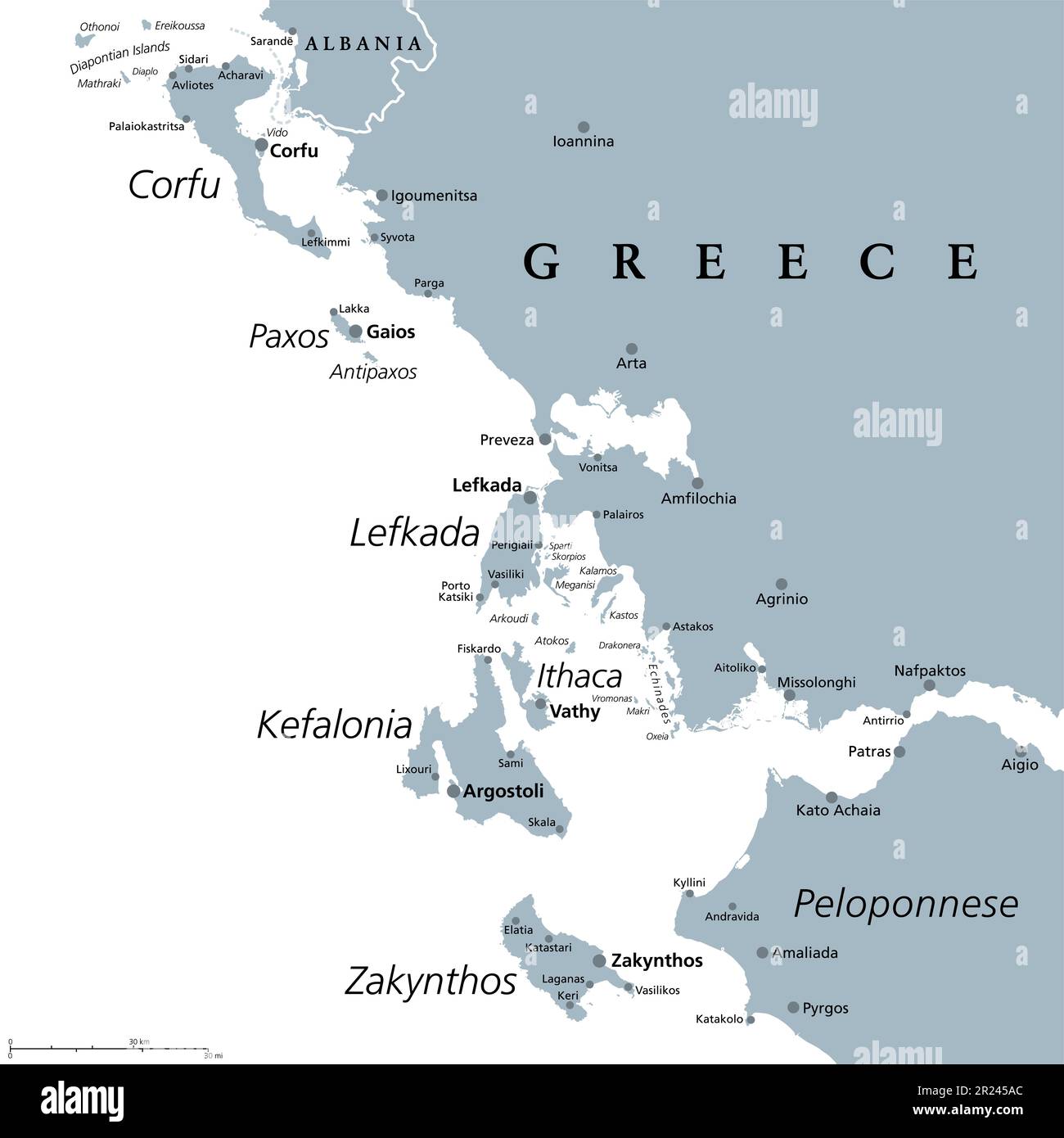 Ionian Islands Region of Greece, gray political map. Greek island group, Ionian Sea. Corfu, Paxos, Antipaxos, Lefkada, Kefalonia, Ithaca,  Zakynthos. Stock Photo