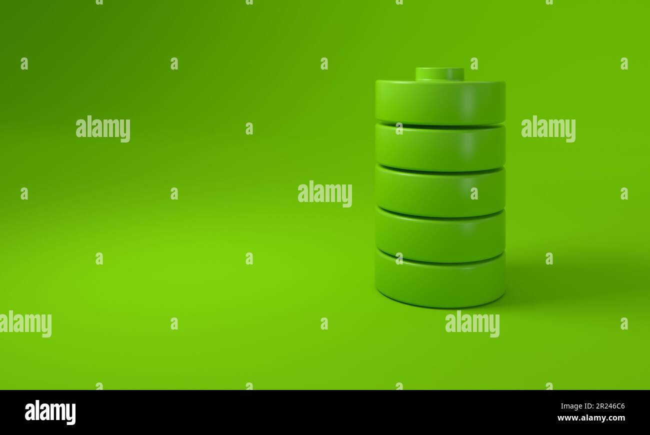 Battery on green background. Sustainability concept. 3D rendering Stock