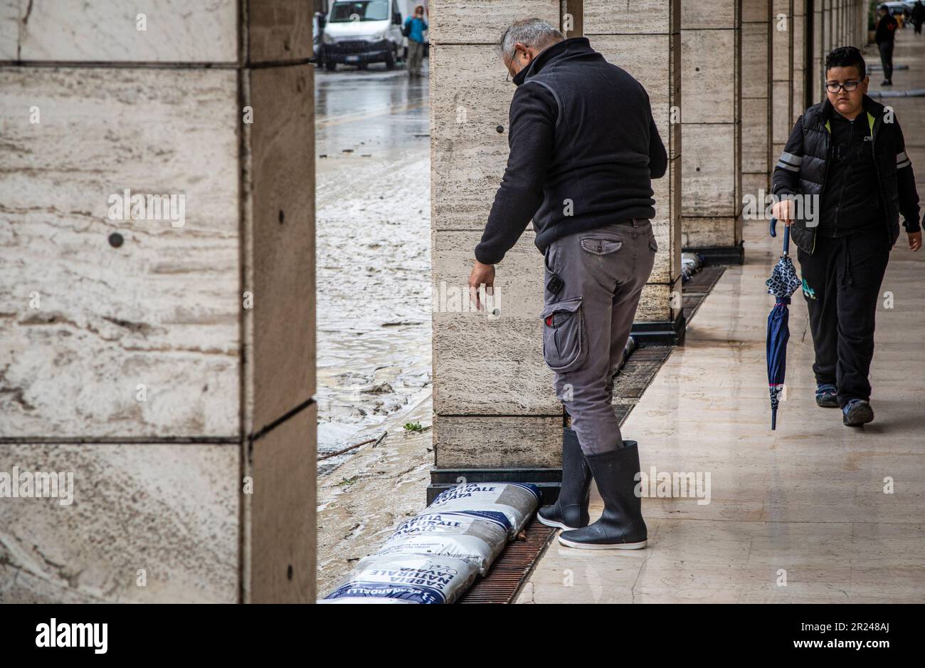 Bologna, Italy. 17th May, 2023. Bad weather via Saffi is a river of