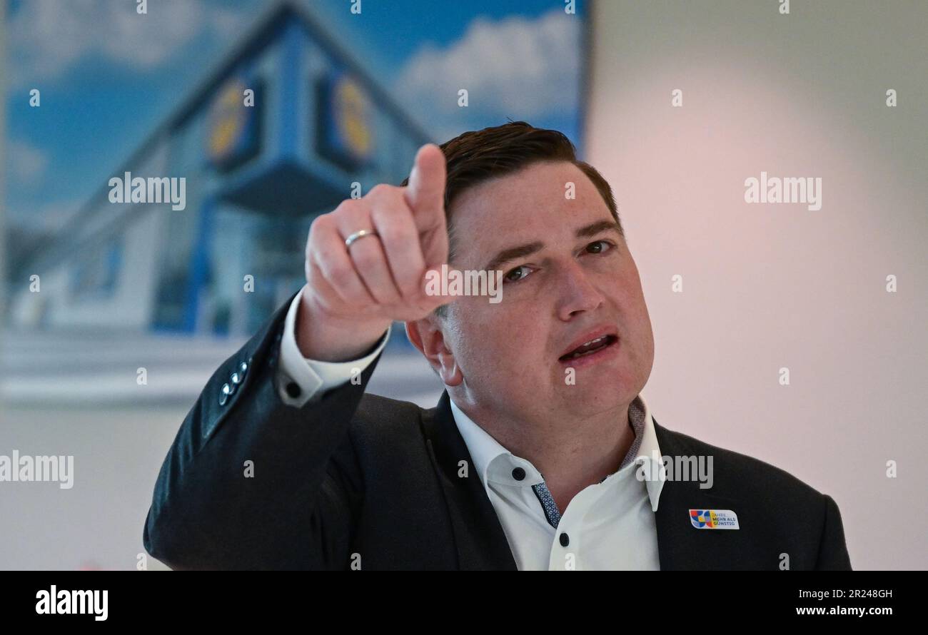 Bad Wimpfen, Germany. 17th May, 2023. Christian Härtnagel, CEO of food discounter Lidl, talks to journalists at a press event to mark Lidl's 50th birthday at its headquarters in Bad Wimpfen. Credit: Bernd Weißbrod/dpa/Alamy Live News Stock Photo