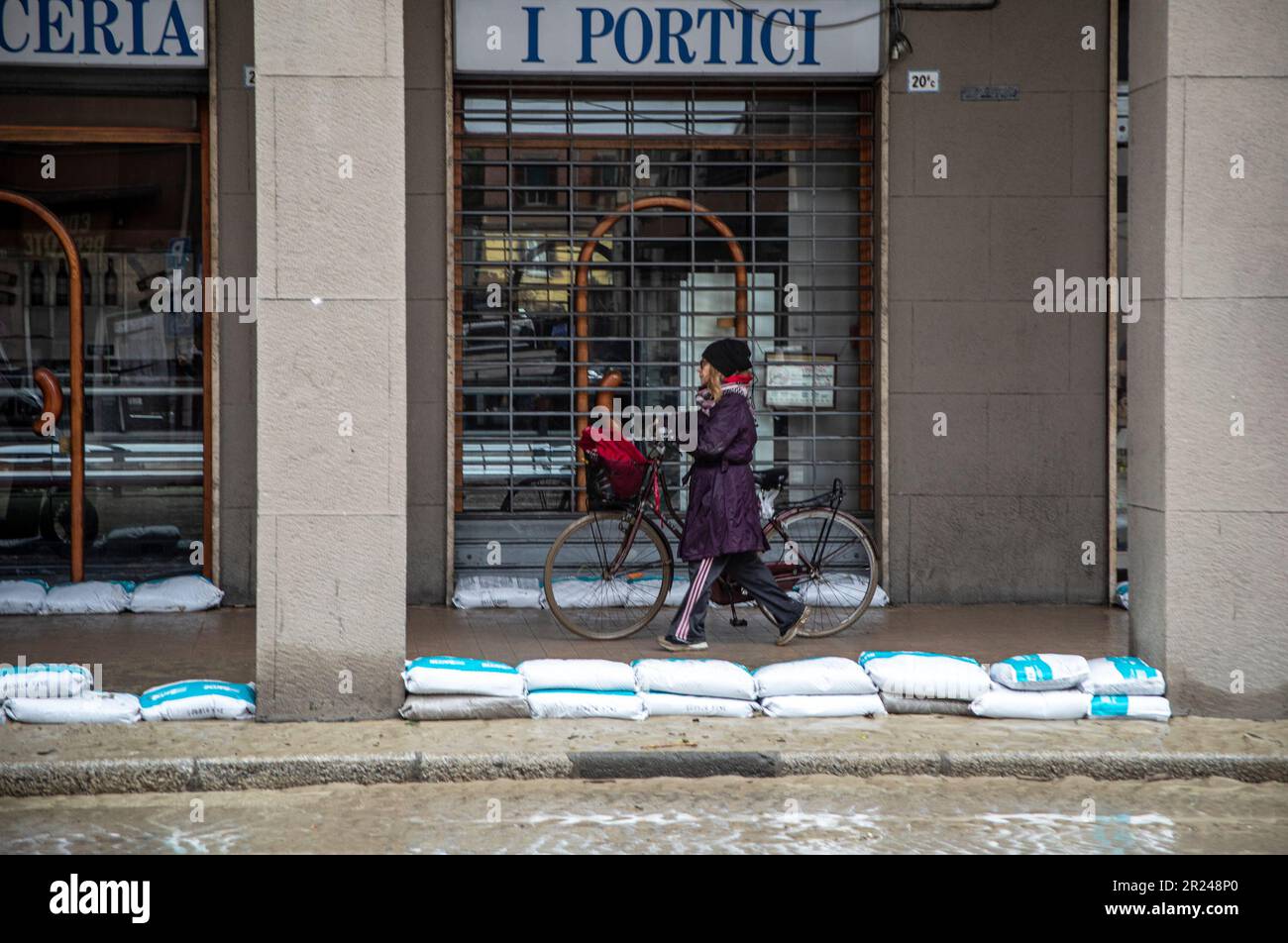 Bologna, Italy. 17th May, 2023. Bad weather via Saffi is a river of
