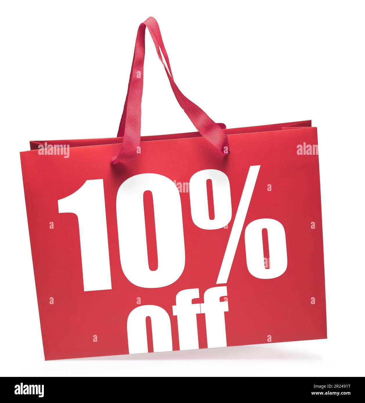Red shopping bag with 10% off sale message and handles.Clipping path Stock Photo